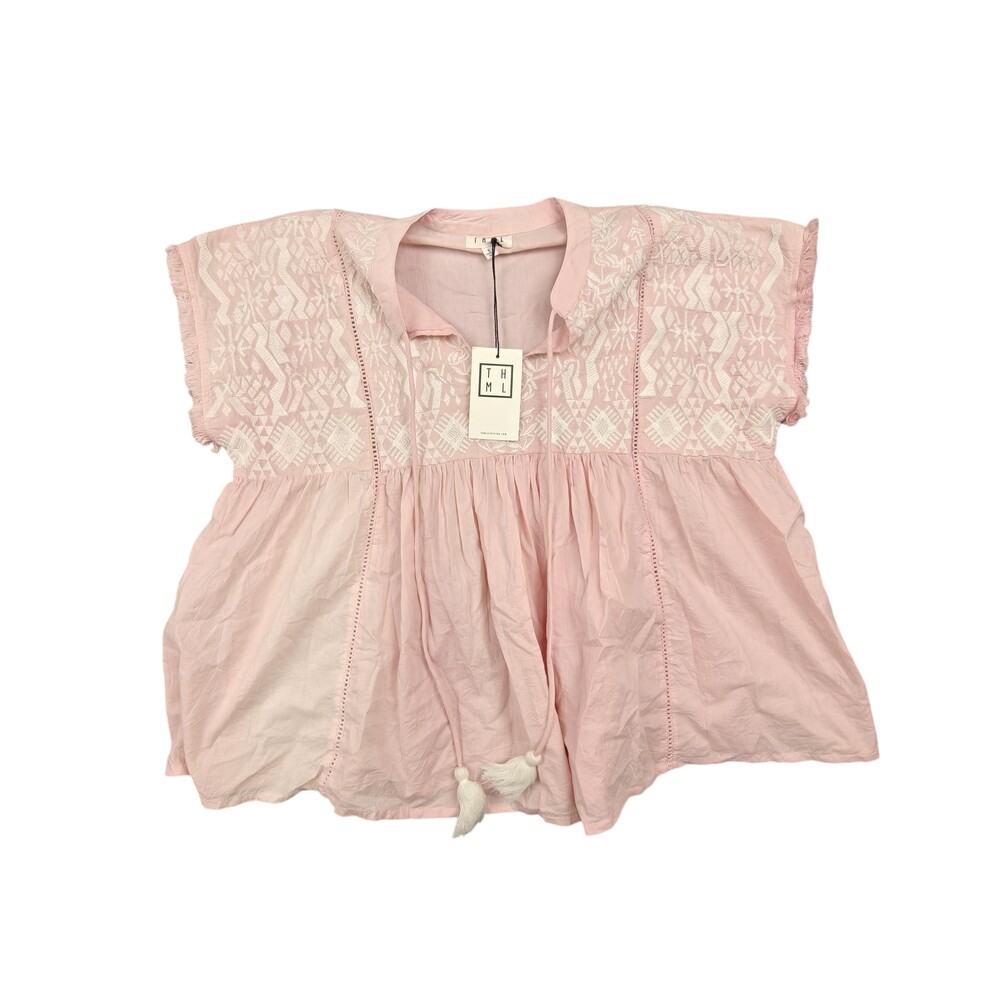 THML Blouse Womens Small Pink Tunic V-Neck Embroidered Tassel Fringe Cotton